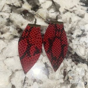 Leather Red and Black Marble Earrings
